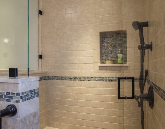 Master Bath with semi-private shower and Antique bronze fixtures