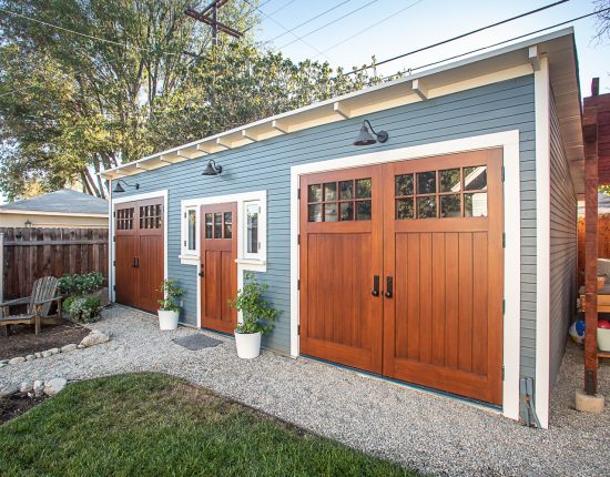 Fully restored Craftsman garage with Douglas fir doors