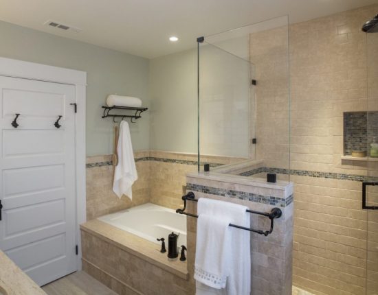 Master Bath with frameless glass shower door