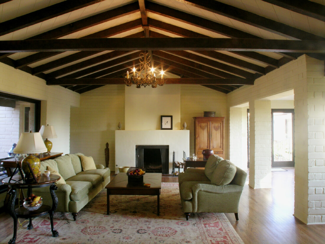 Living room with Cathedral ceiling and Antiqued Wood Beams