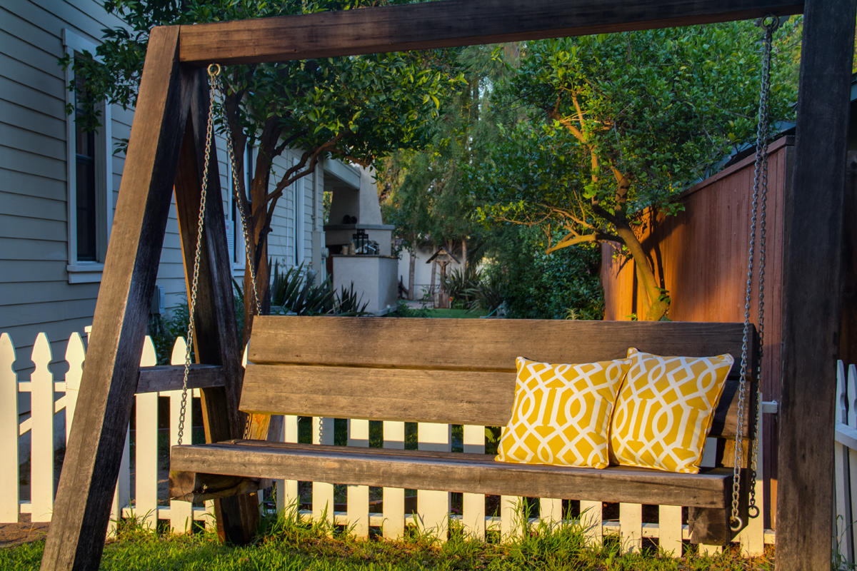 Reclaimed redwood swing for two.