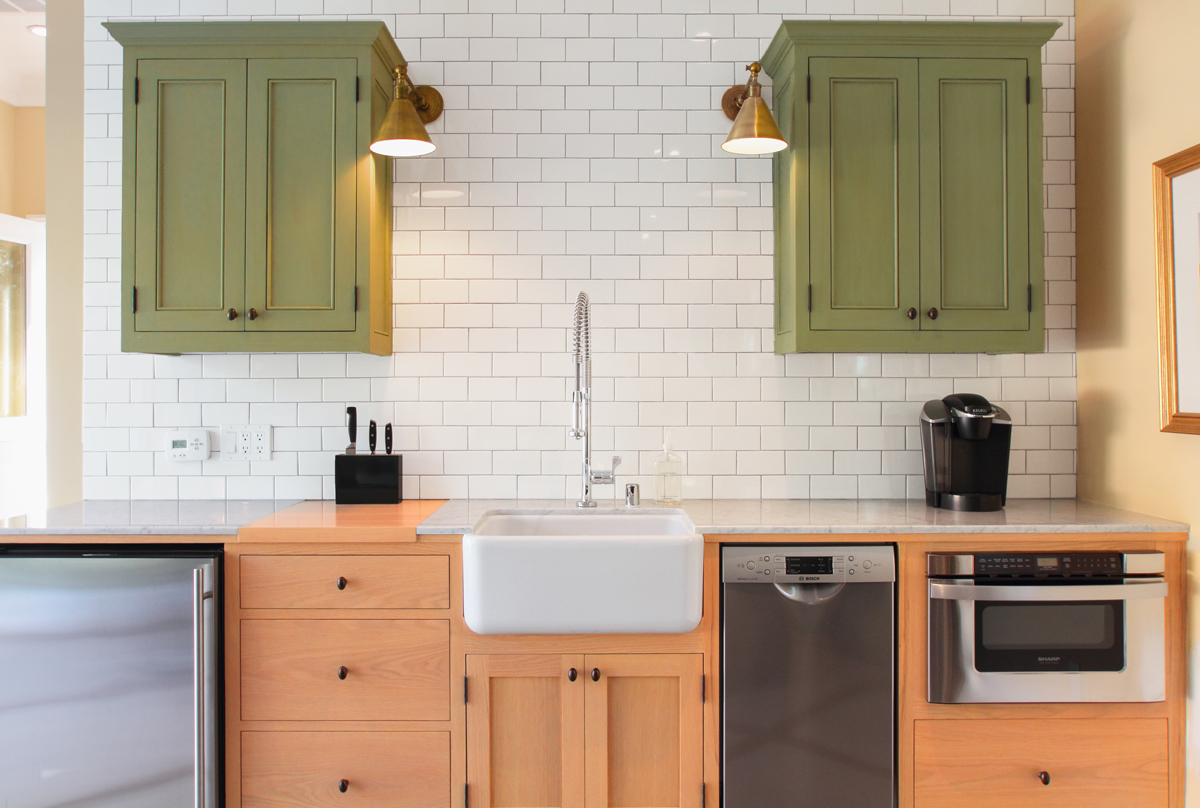 A Pool House Kitchenette remodel with White Corera Counters and Integrated Chopping Block