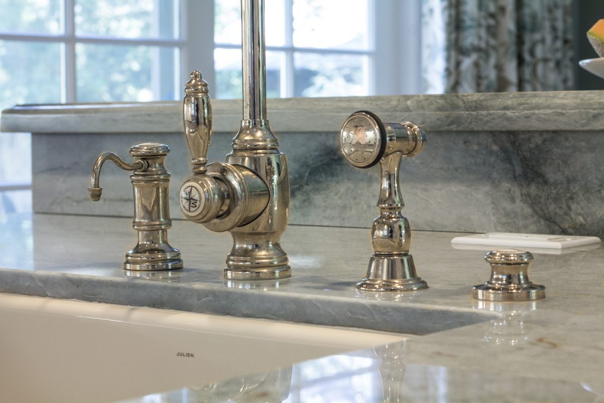 Polished nickel and Sea Pearl Green quartzite