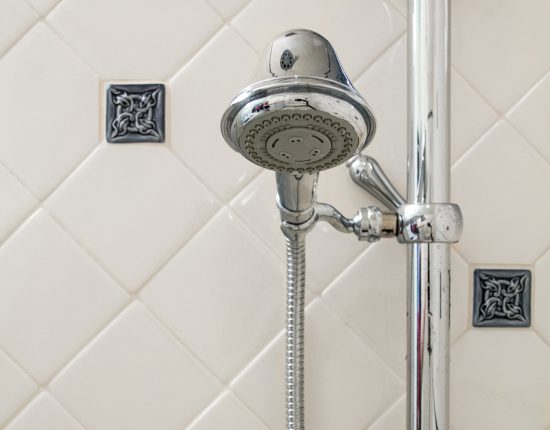Detail of shower arm with adjustable slide bar in polished chrome.