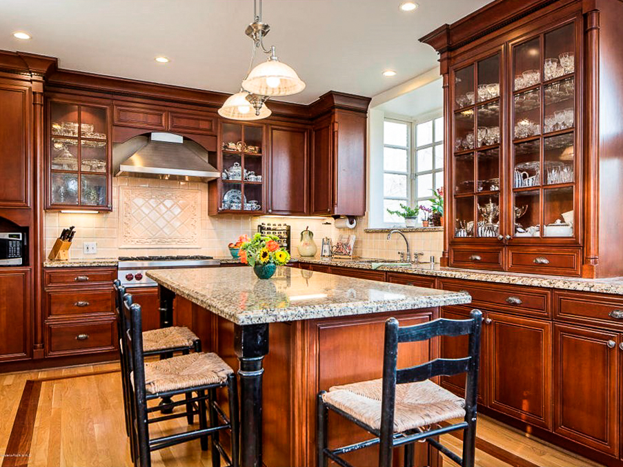 Traditional Dark Cherry Finished Kitchen With Island